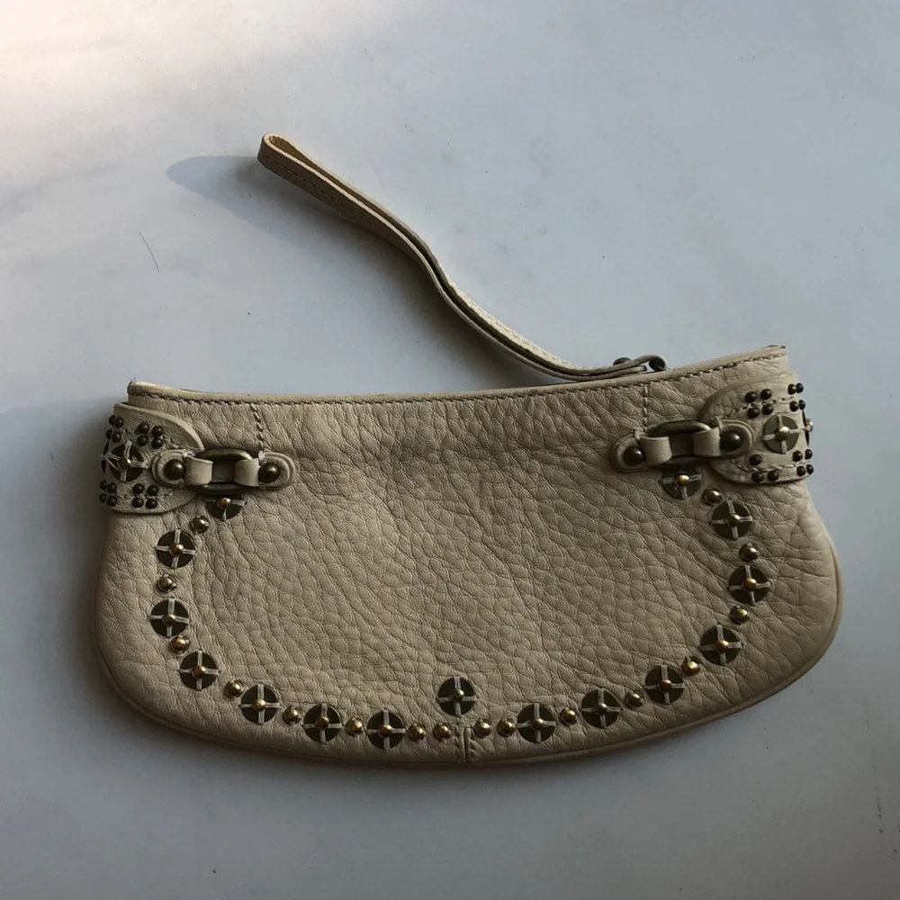 Cole Haan Cream Leather Studded Wristlet Clutch
